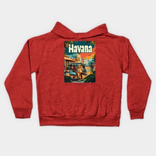 Experience the charm of Havana as friends gather at a lively cafe, enjoying drinks and conversations beneath a beautiful sunset, surrounded Kids Hoodie